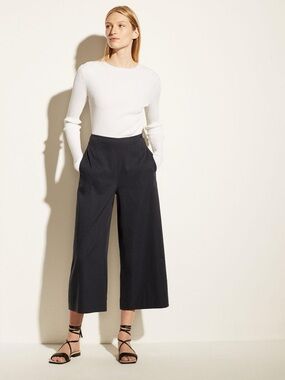 Vince High Waist Crop Wide Leg Linen Blend Pants In Navy